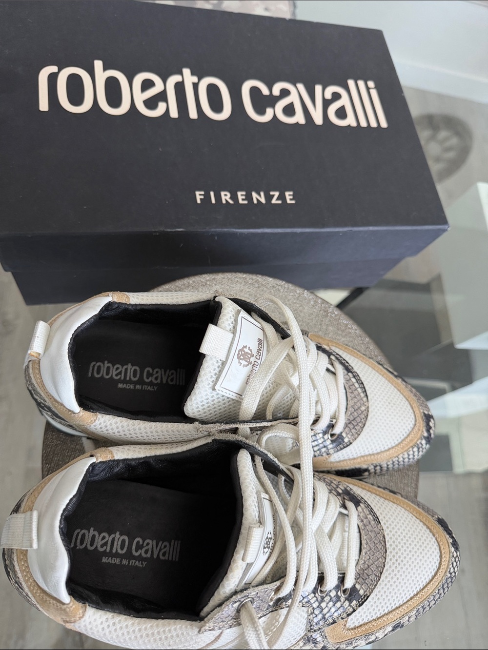 Roberto Cavalli White, Beige & Snakeskin Accent Trainer - Picture 4 of 4